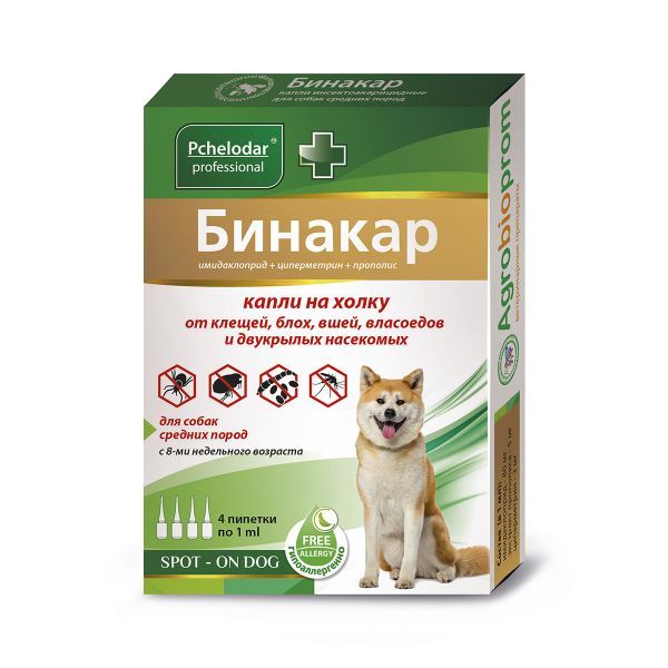 Бинакар капли на холку для средних пород собак 1мл 4шт
