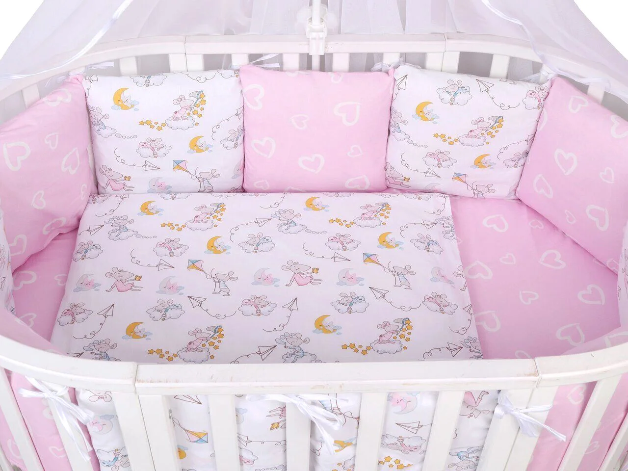 Детский комплект постельного белья Amarobaby Мышата в облаках AMARO-3015-MvO (15 предметов, розовый/белый)