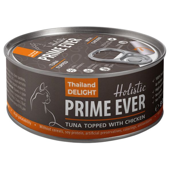 Корм влажный для кошек тунец с цыпленком в желе Prime Ever 5B жестяная банка 80г
