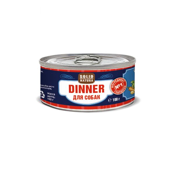 Корм влажный для собак говядина Dinner Solid Natura жестяная банка 100г