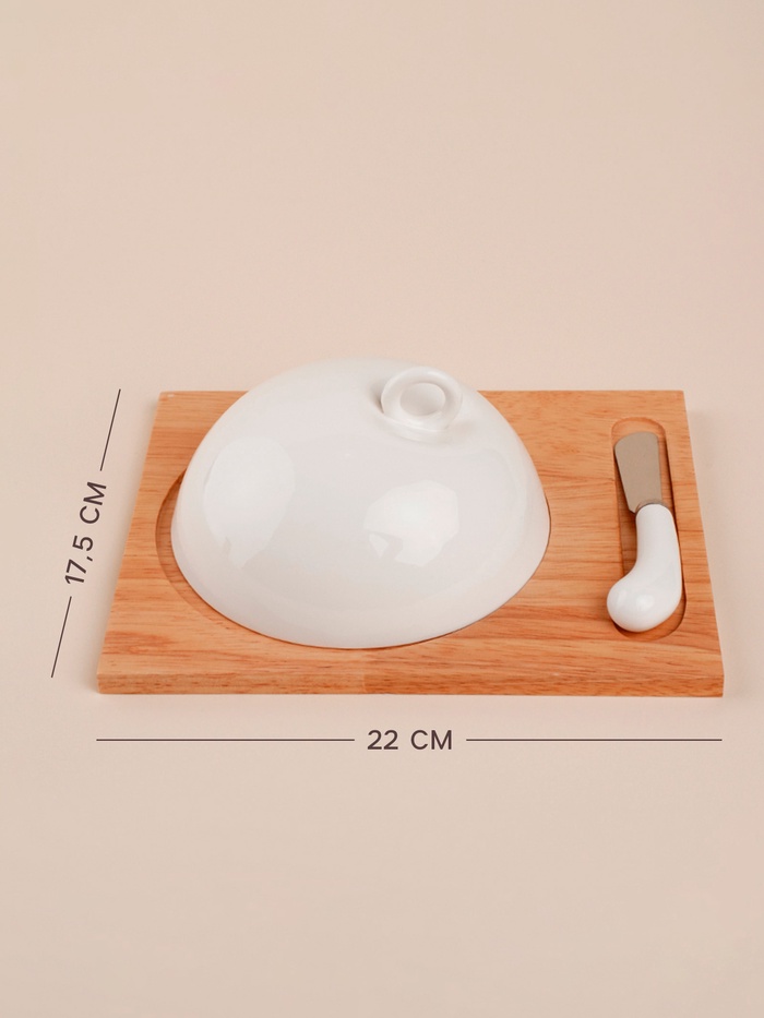 Маслёнка SL Home «Тренто», 22×17.5 см, на деревянной подставке, с ножом для масла, фарфор, белая