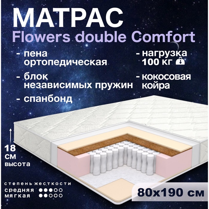Матрас «Этель. Flowers double Comfort Независимые пружины», размер 800×1900 мм, высота 180 мм, трикотаж