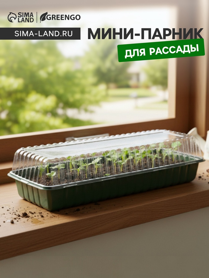 Мини - парник для рассады, 58×21×12 см, без вставок, тёмно-зелёный, пластик, Greengo