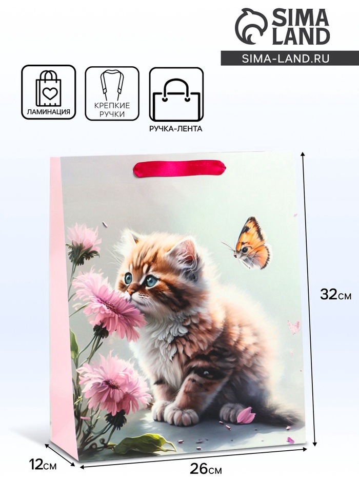 Пакет подарочный ламинированный вертикальный «Котик и цветок», M 26×32×12 см