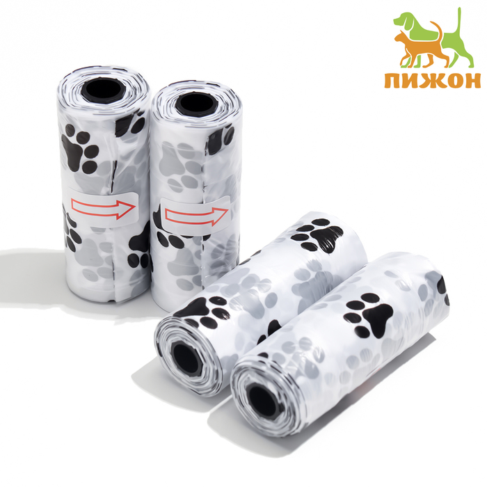 Пакеты для уборки за собаками, 4 рулона по 15 пакетов, 29×21 см, с печатью, белые