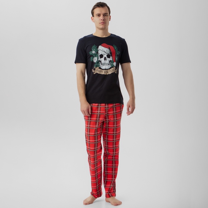 Пижама новогодняя мужская: футболка, брюки KAFTAN «Череп», размер 56, чёрная