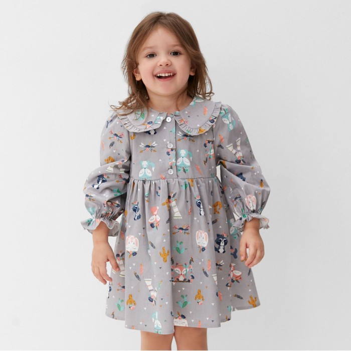 Платье для девочки KAFTAN «Зверята» с воротником, серое, рост 122-128 см