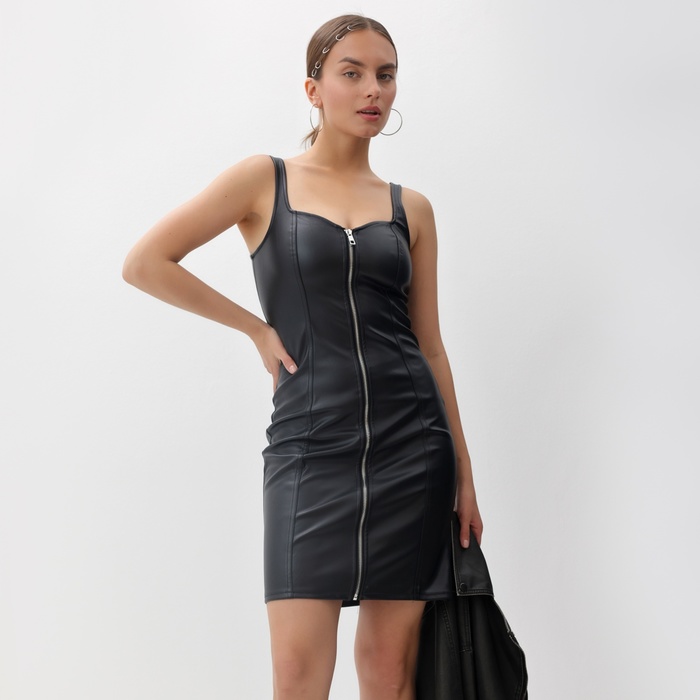 Платье женское короткое кожаное MIST, чёрное, размер 48 (XL), на молнии