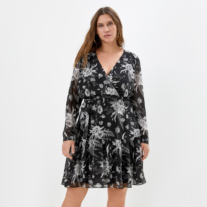 Платье женское короткое MIST plus-size, чёрное, размер 50, принт цветочный