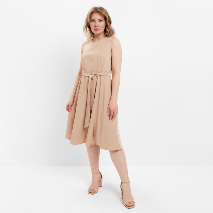 Платье женское миди с поясом MINAKU: Casual collection, бежевое, размер 50
