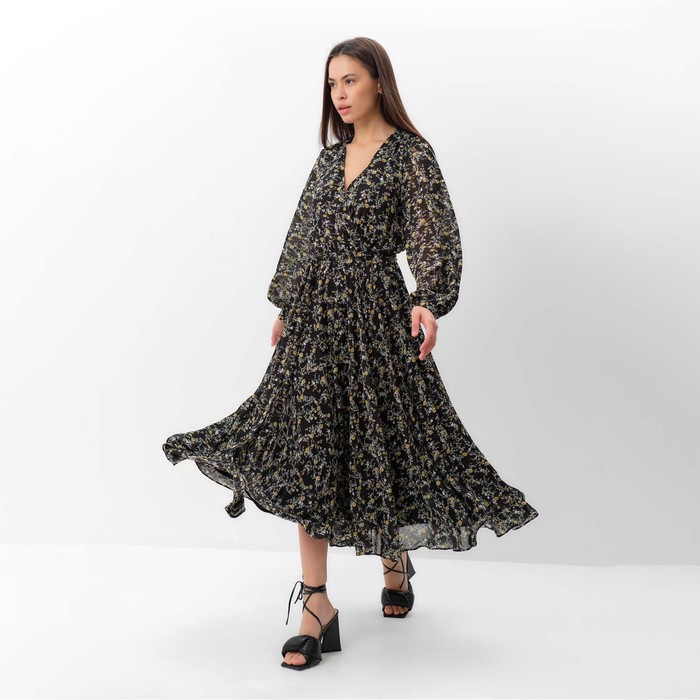 Платье женское миди с поясом MIST, чёрное с цветами, размер 44