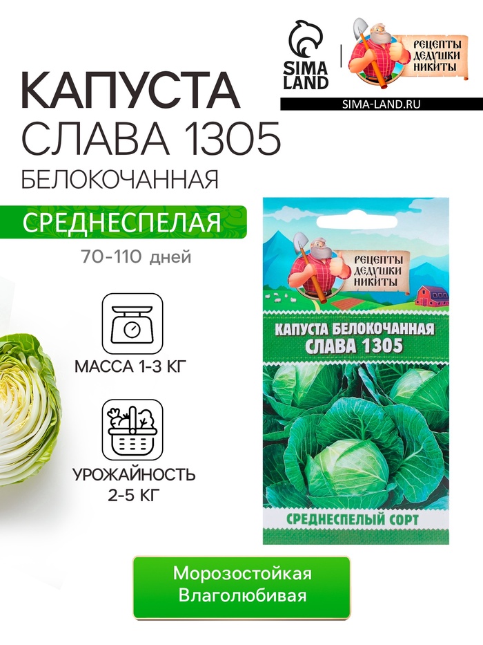 Семена Капуста белокочанная «Слава 1305», 0.5 г, среднеспелая, «Рецепты дедушки Никиты»