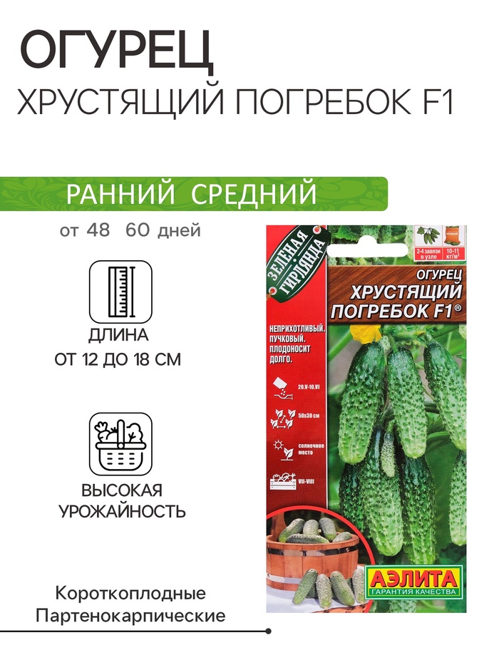 Семена Огурец «Хрустящий погребок», F1, 10 шт., «АЭЛИТА»