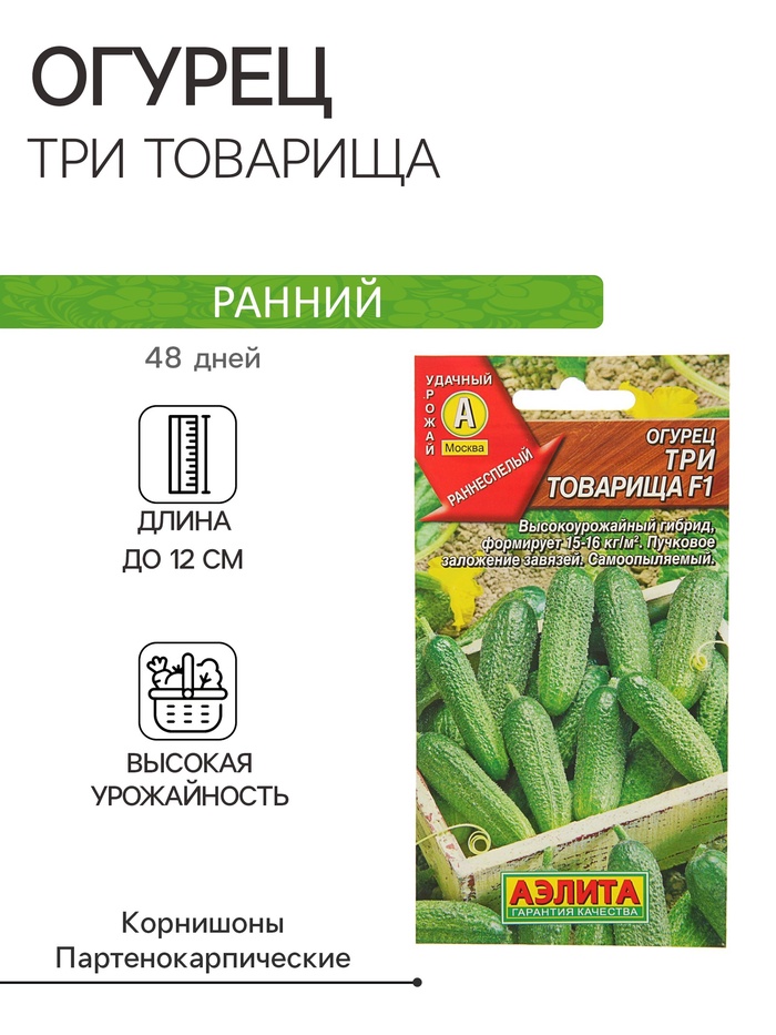 Семена Огурец «Три товарища», F1, раннеспелый, партенокарпический, 10 шт., «АЭЛИТА»