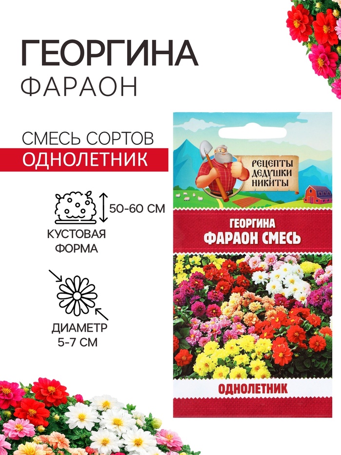 Семена цветов Георгина «Фараон», смесь окрасок, 0.3 г, «Рецепты дедушки Никиты»